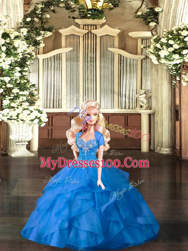 Hot Sale Floor Length Blue Sweet 16 Quinceanera Dress Sweetheart Sleeveless Lace Up