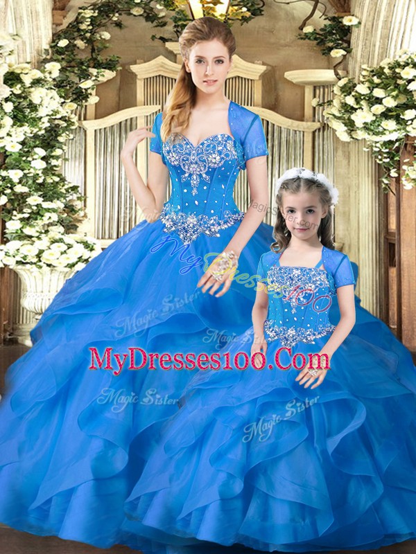 Hot Sale Floor Length Blue Sweet 16 Quinceanera Dress Sweetheart Sleeveless Lace Up