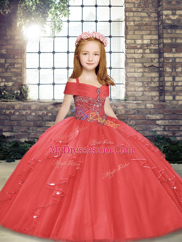 Beading and Ruffles Pageant Gowns For Girls Coral Red Lace Up Sleeveless Floor Length
