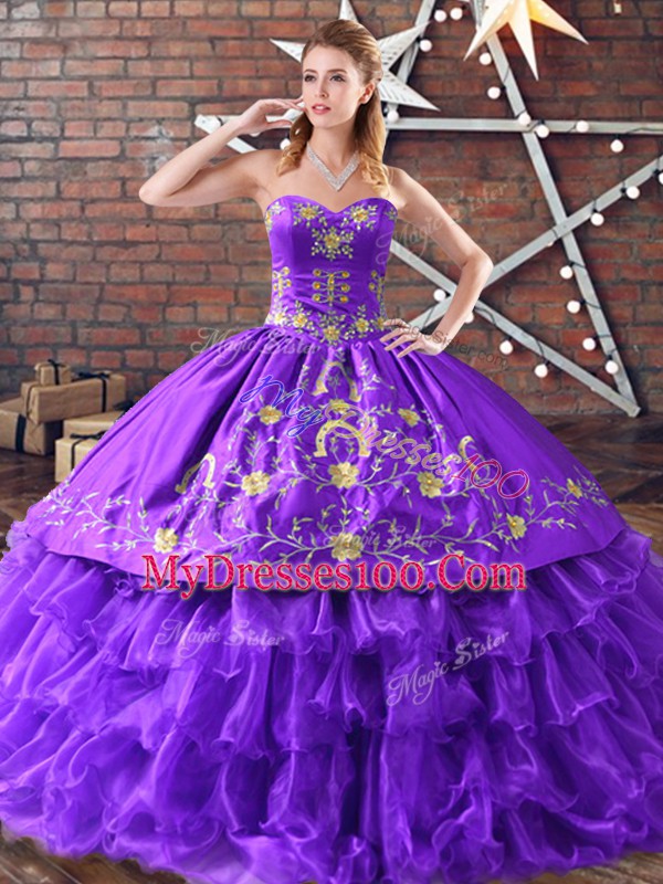 Deluxe Purple Sleeveless Floor Length Embroidery Lace Up Vestidos de Quinceanera