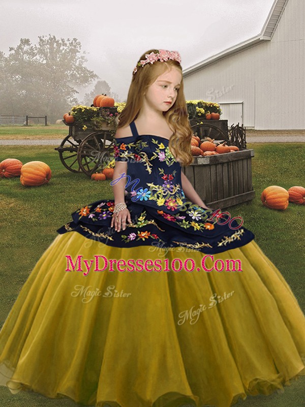 Custom Made Organza Straps Sleeveless Lace Up Embroidery Kids Formal Wear in Olive Green