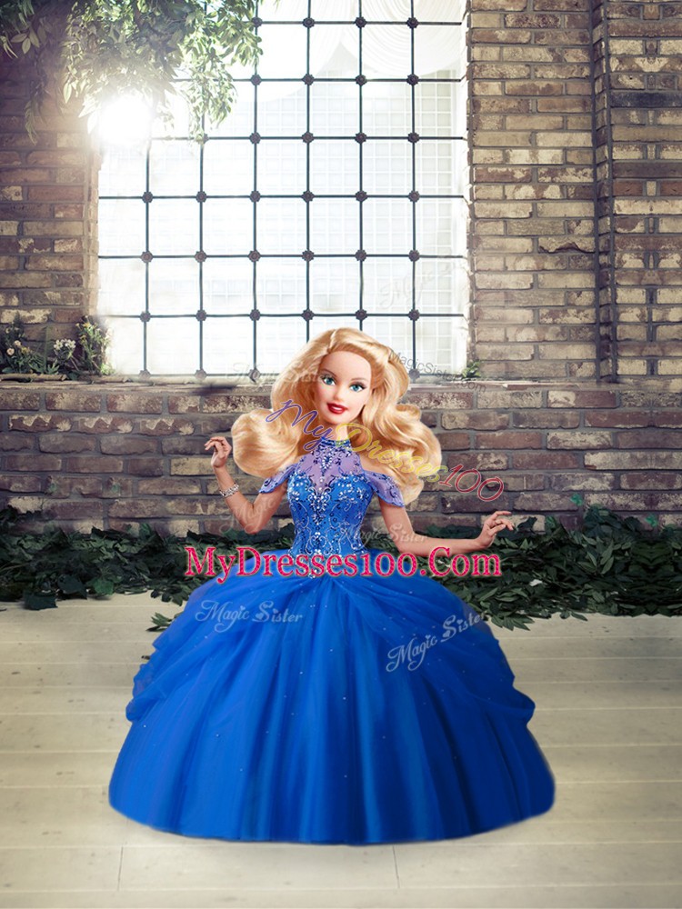 Blue Lace Up Halter Top Beading and Pick Ups Quinceanera Gown Tulle Sleeveless Brush Train