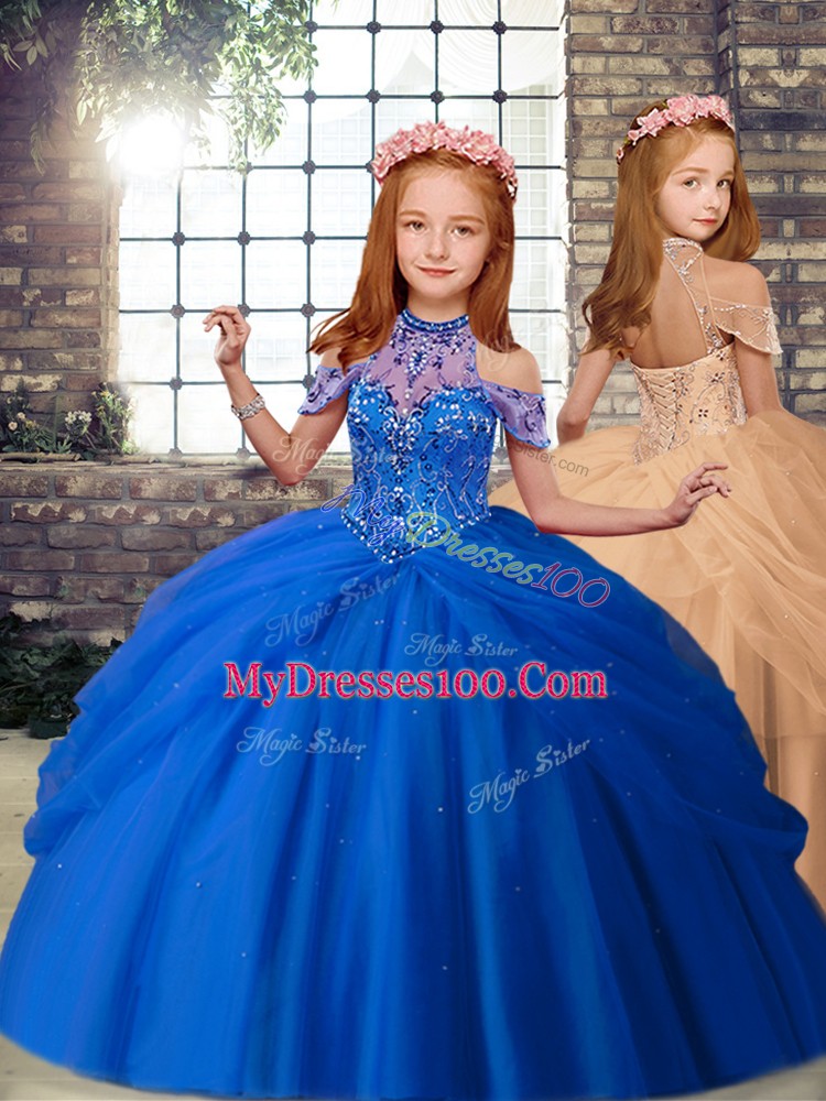 Blue Lace Up Halter Top Beading and Pick Ups Quinceanera Gown Tulle Sleeveless Brush Train