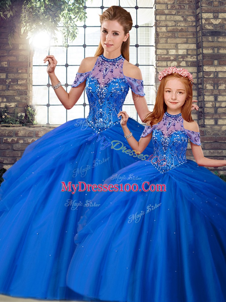 Blue Lace Up Halter Top Beading and Pick Ups Quinceanera Gown Tulle Sleeveless Brush Train