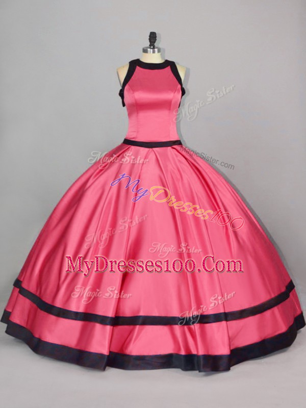 Captivating Ball Gowns 15th Birthday Dress Red Scoop Satin Sleeveless Floor Length Zipper