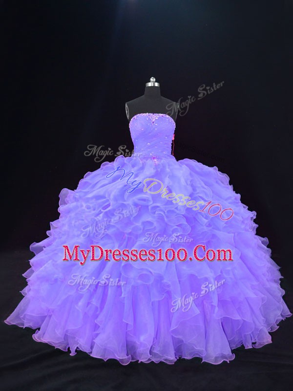 Fantastic Sleeveless Floor Length Beading and Ruffles Lace Up Sweet 16 Dresses with Purple