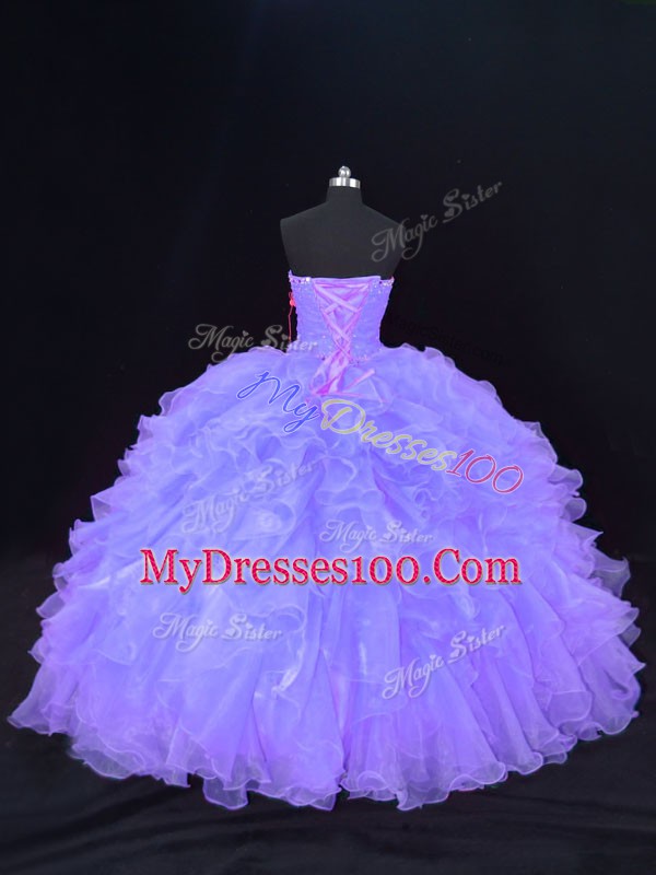 Fantastic Sleeveless Floor Length Beading and Ruffles Lace Up Sweet 16 Dresses with Purple