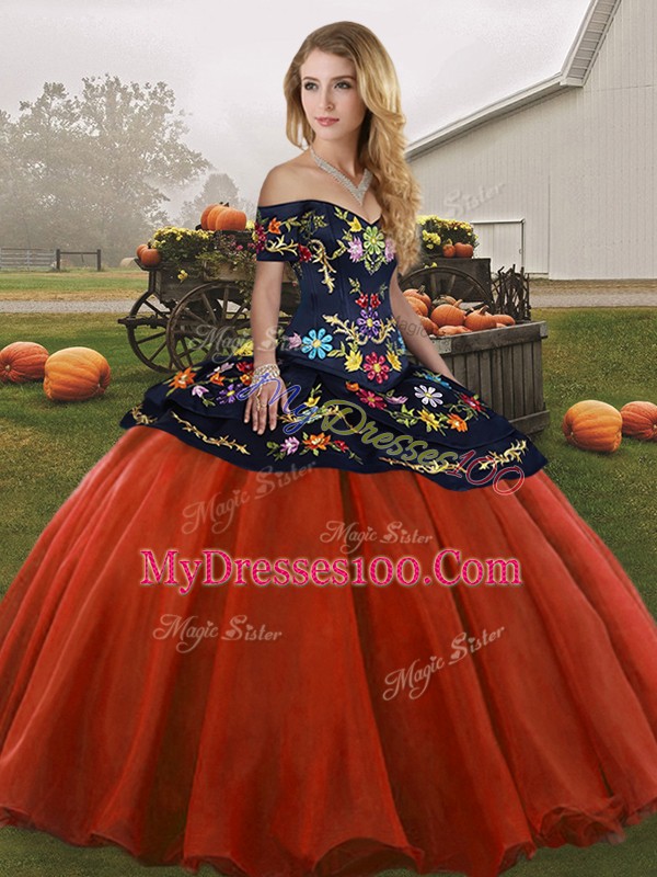 Flare Rust Red Tulle Lace Up Quinceanera Gown Sleeveless Floor Length Embroidery