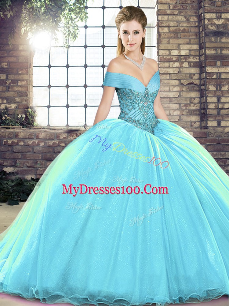 Low Price Aqua Blue Off The Shoulder Lace Up Beading Quinceanera Dresses Brush Train Sleeveless