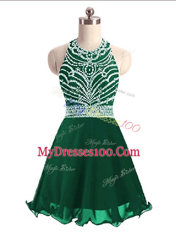 Great Mini Length Green Prom Dresses Chiffon Sleeveless Beading
