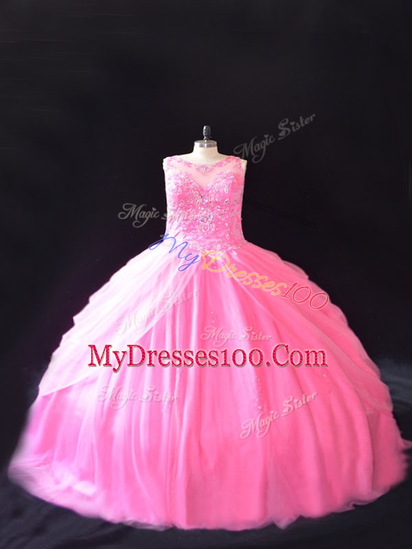 Sleeveless Beading Lace Up Quinceanera Gowns with Rose Pink Court Train