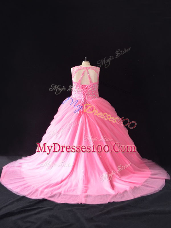 Sleeveless Beading Lace Up Quinceanera Gowns with Rose Pink Court Train