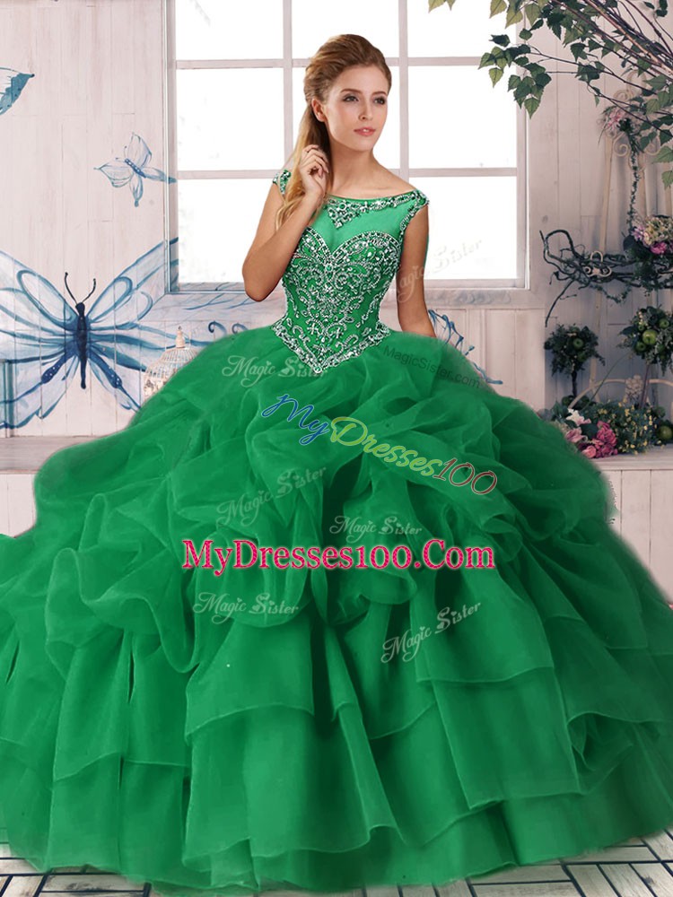 Eye-catching Green Organza Zipper Quince Ball Gowns Sleeveless Brush Train Beading and Pick Ups