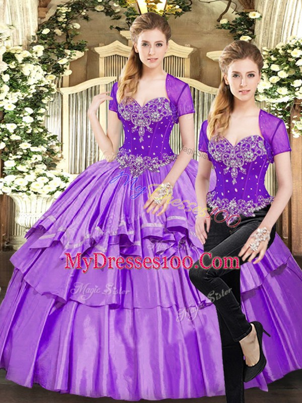 Luxury Lavender Sweetheart Neckline Beading and Ruffled Layers Sweet 16 Quinceanera Dress Sleeveless Lace Up