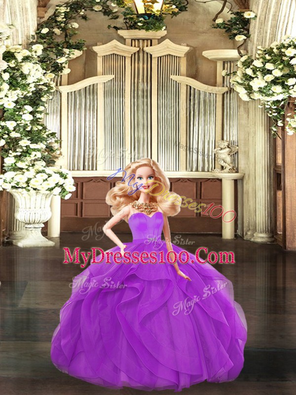 Lilac Ball Gown Prom Dress Sweet 16 and Quinceanera with Beading and Ruffles Sweetheart Sleeveless Lace Up