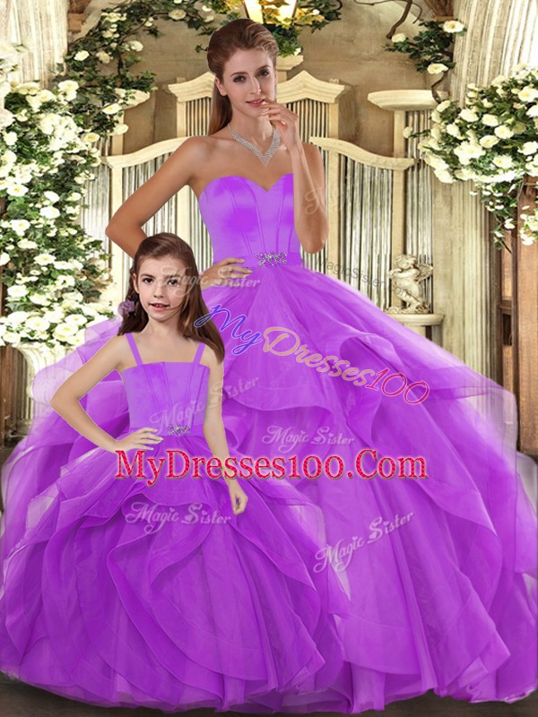 Lilac Ball Gown Prom Dress Sweet 16 and Quinceanera with Beading and Ruffles Sweetheart Sleeveless Lace Up