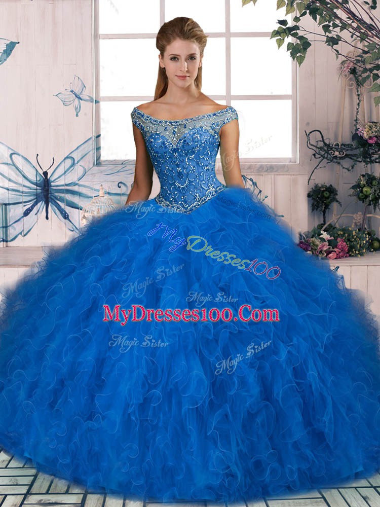 Sumptuous Off The Shoulder Sleeveless Sweet 16 Dresses Beading and Ruffles Blue Tulle