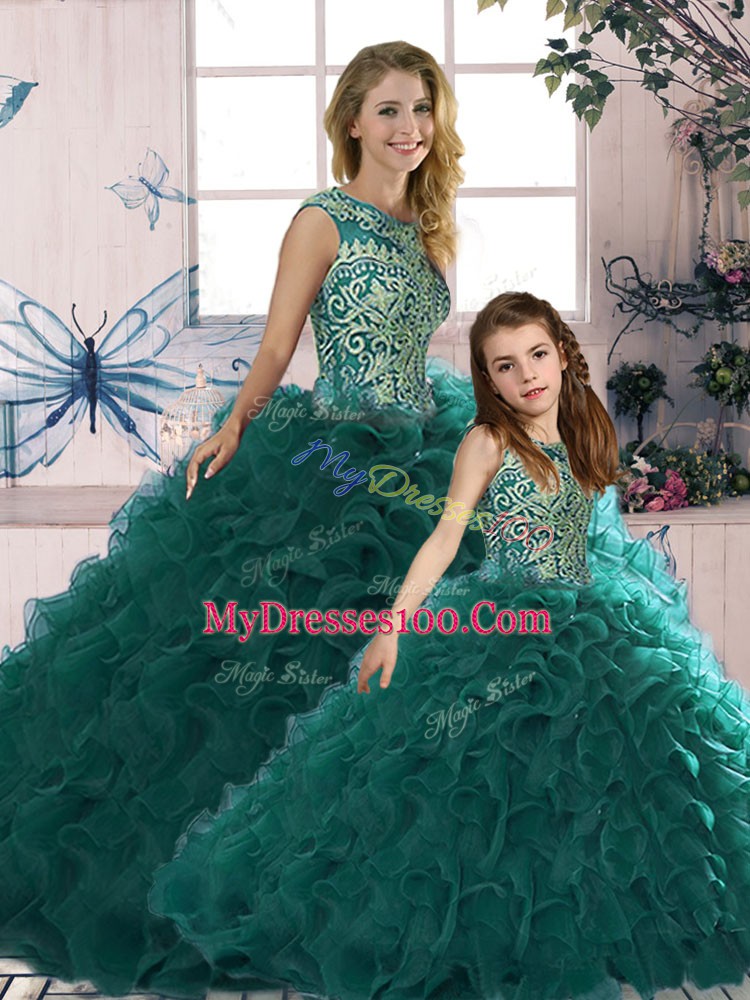 Custom Designed Peacock Green Scoop Neckline Beading and Ruffles Sweet 16 Dresses Sleeveless Lace Up