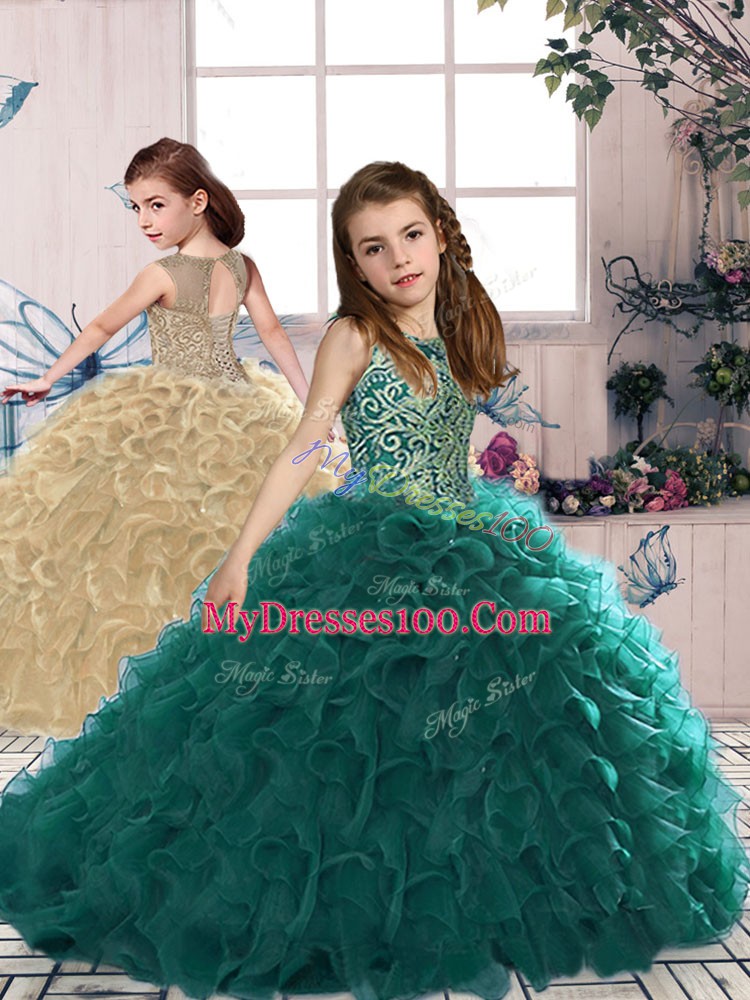 Custom Designed Peacock Green Scoop Neckline Beading and Ruffles Sweet 16 Dresses Sleeveless Lace Up
