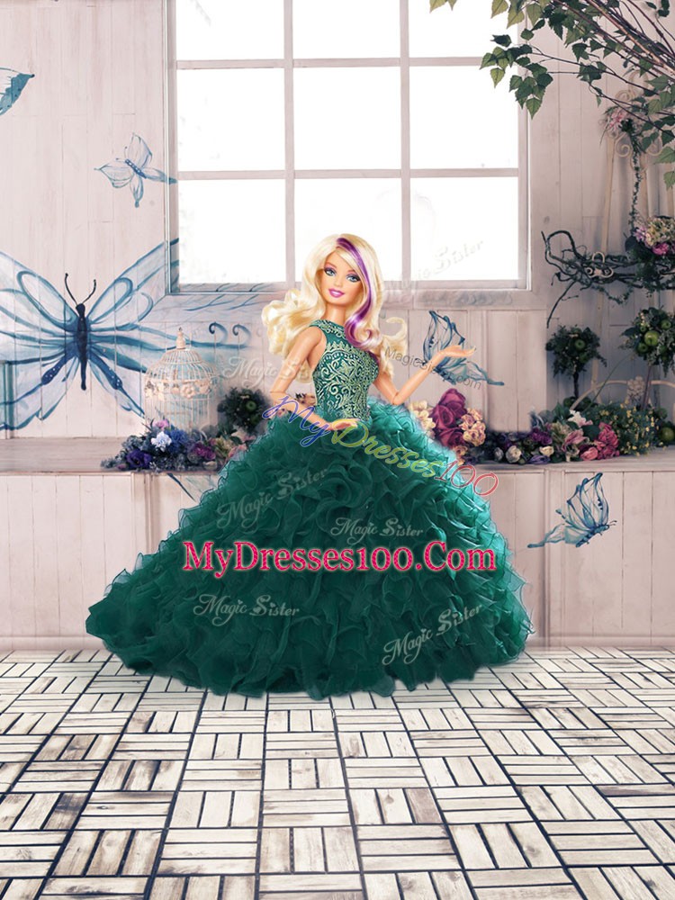 Custom Designed Peacock Green Scoop Neckline Beading and Ruffles Sweet 16 Dresses Sleeveless Lace Up
