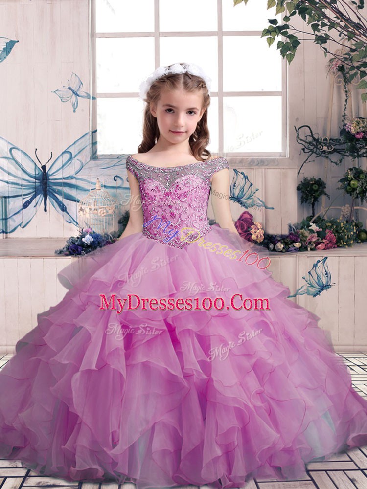 Admirable Lilac Organza Lace Up Winning Pageant Gowns Sleeveless Floor Length Beading and Ruffles