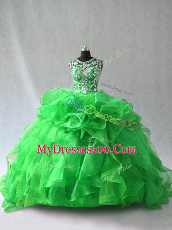 On Sale Green Scoop Neckline Beading and Ruffles Quince Ball Gowns Sleeveless Lace Up
