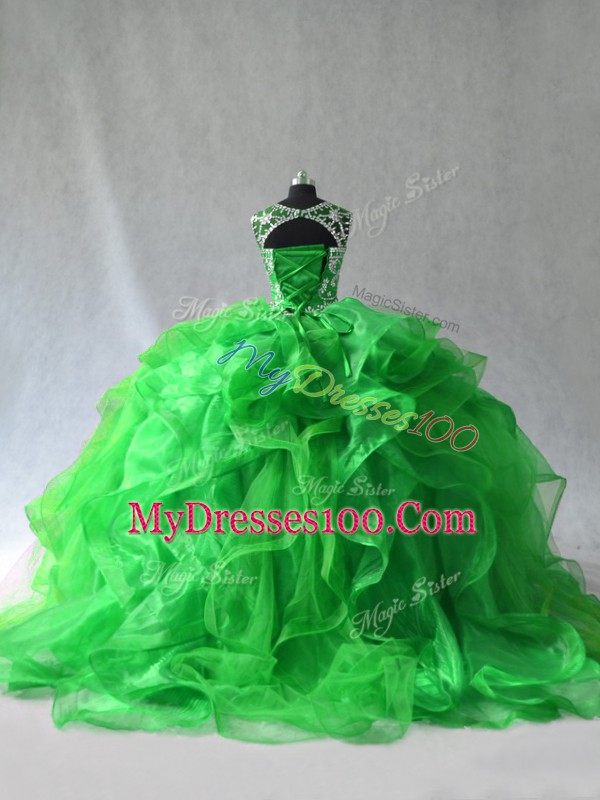 On Sale Green Scoop Neckline Beading and Ruffles Quince Ball Gowns Sleeveless Lace Up