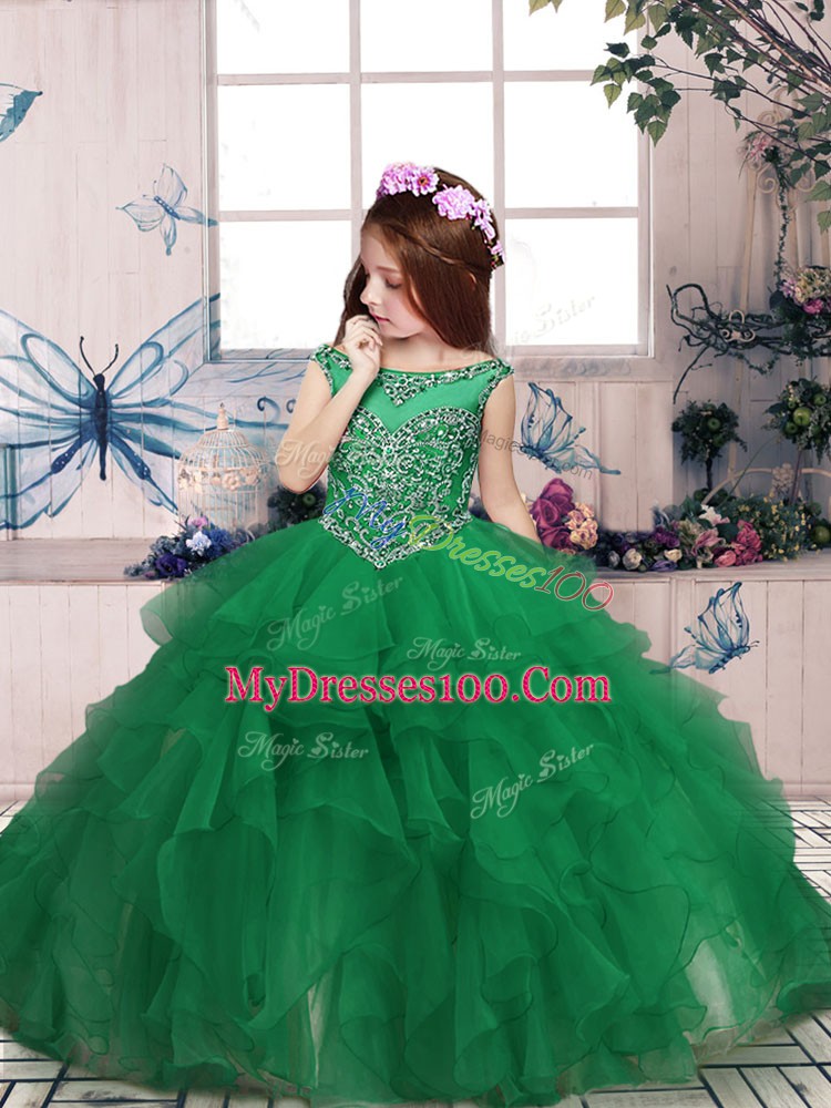 Green Sleeveless Floor Length Beading and Ruffles Zipper Pageant Dress for Teens