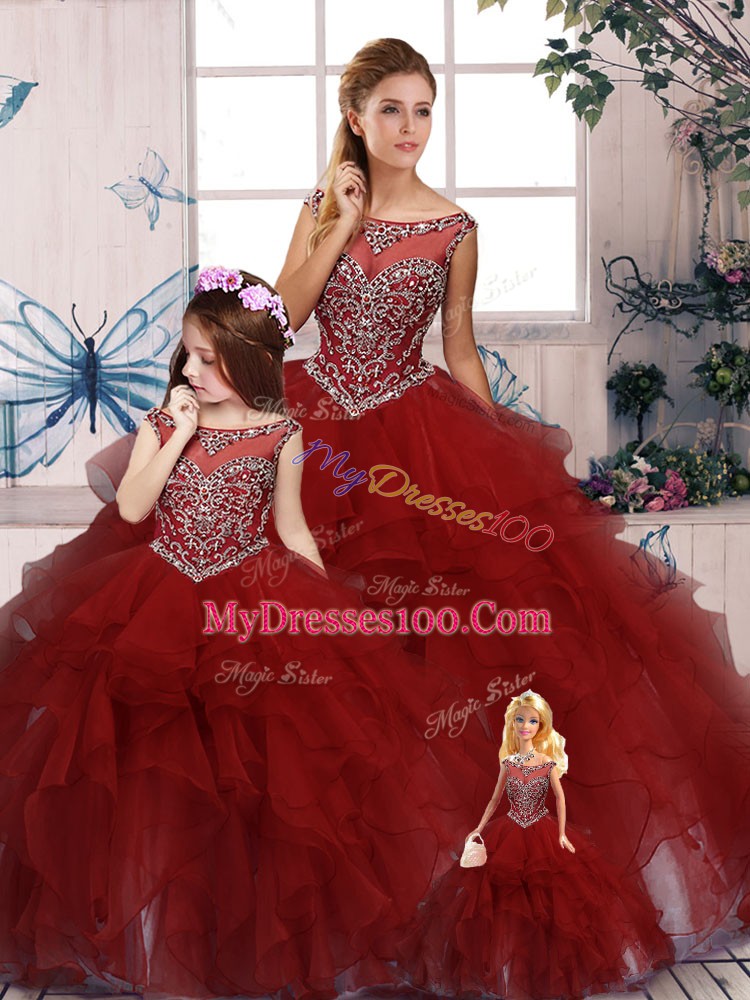 Burgundy Ball Gowns Organza Scoop Sleeveless Beading and Ruffles Floor Length Zipper Quinceanera Dresses