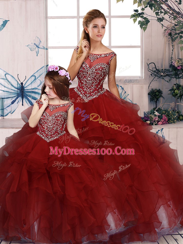 Burgundy Ball Gowns Organza Scoop Sleeveless Beading and Ruffles Floor Length Zipper Quinceanera Dresses