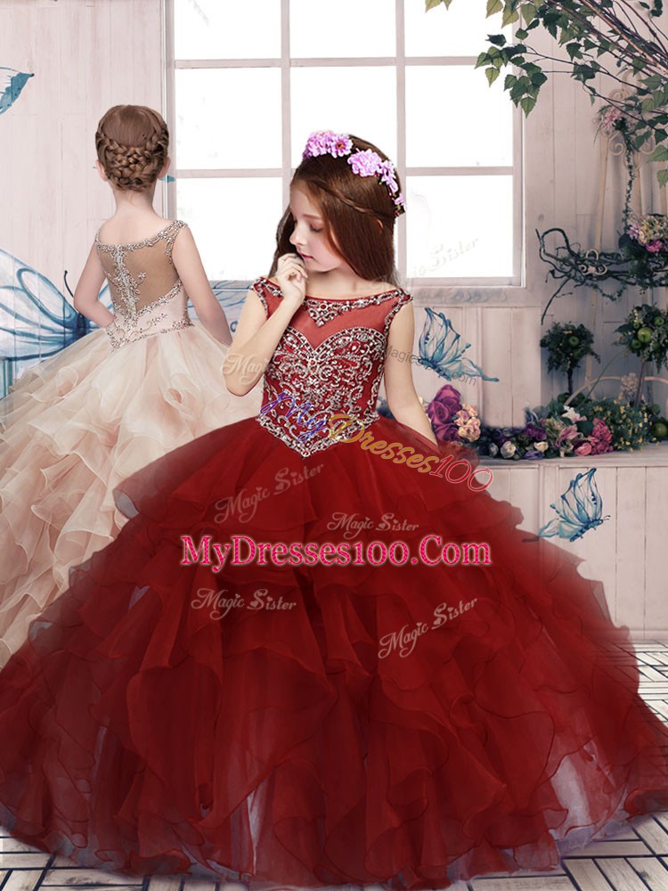 Burgundy Ball Gowns Organza Scoop Sleeveless Beading and Ruffles Floor Length Zipper Quinceanera Dresses