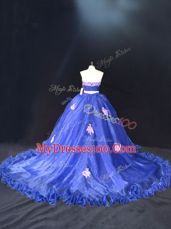 Elegant Blue Zipper 15 Quinceanera Dress Appliques Sleeveless Brush Train
