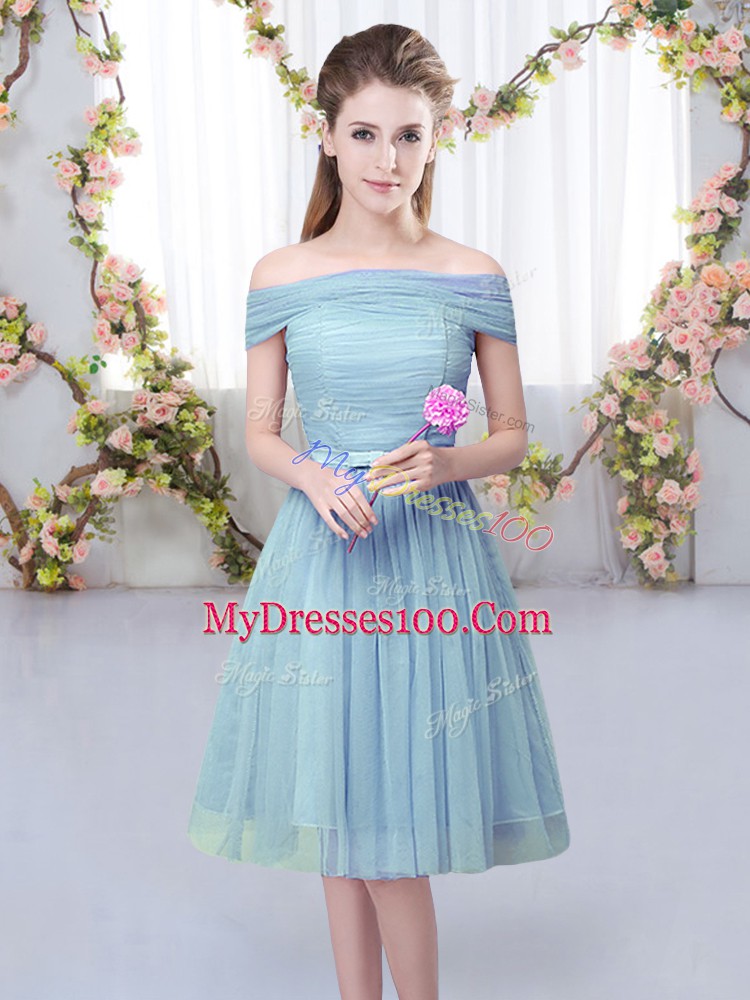 Blue Short Sleeves Tulle Lace Up Dama Dress for Wedding Party
