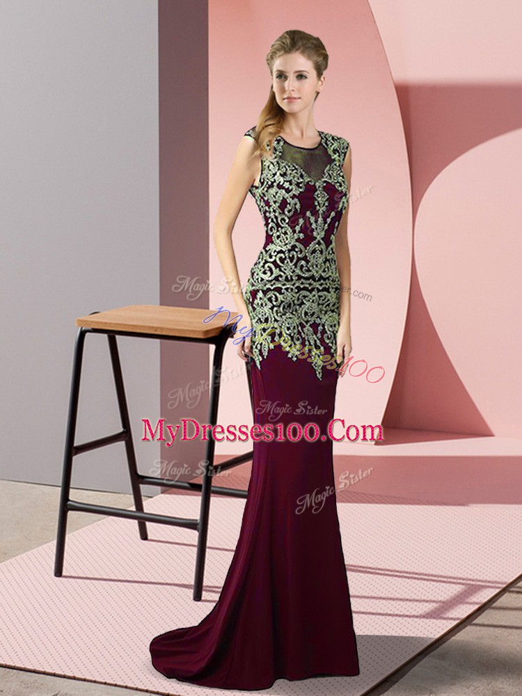 Appliques Evening Dress Burgundy Zipper Sleeveless Sweep Train