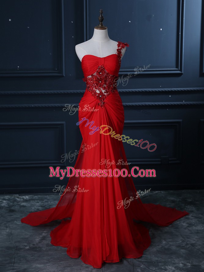 Sleeveless Chiffon Watteau Train Zipper Prom Dresses in Red with Beading and Lace and Appliques
