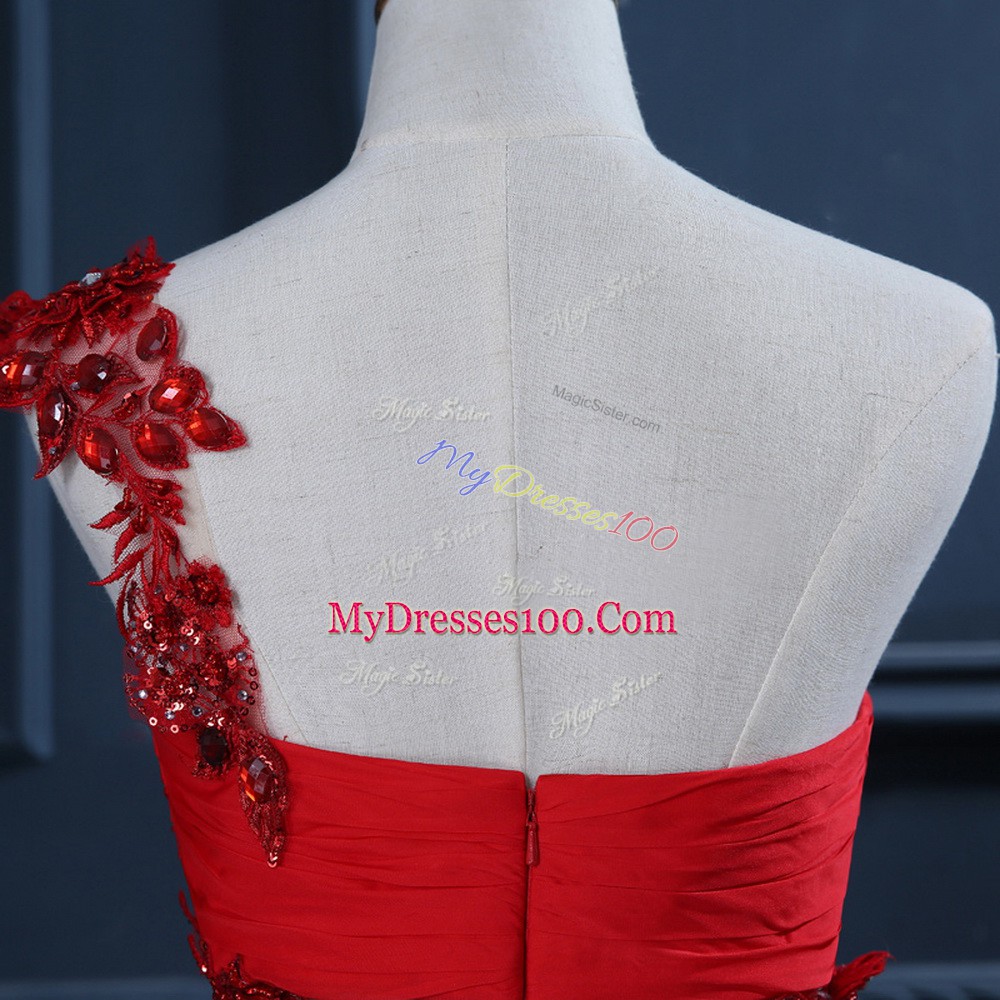 Sleeveless Chiffon Watteau Train Zipper Prom Dresses in Red with Beading and Lace and Appliques