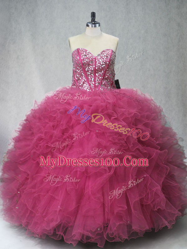 Sophisticated Tulle Sweetheart Sleeveless Lace Up Beading and Ruffles Sweet 16 Quinceanera Dress in Coral Red