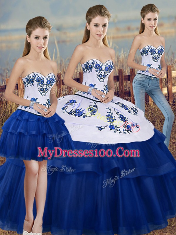 Popular Tulle Sweetheart Sleeveless Lace Up Embroidery and Bowknot 15 Quinceanera Dress in Royal Blue