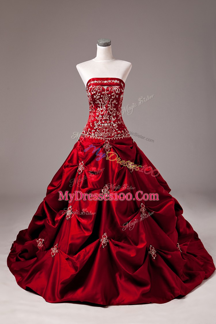 Ideal Taffeta Strapless Sleeveless Brush Train Lace Up Embroidery and Pick Ups 15 Quinceanera Dress in Wine Red