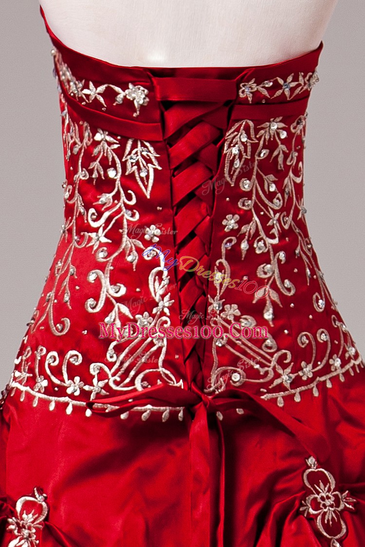 Ideal Taffeta Strapless Sleeveless Brush Train Lace Up Embroidery and Pick Ups 15 Quinceanera Dress in Wine Red