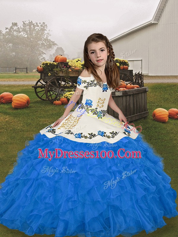 Blue Lace Up Little Girls Pageant Dress Wholesale Embroidery and Ruffles Sleeveless Floor Length