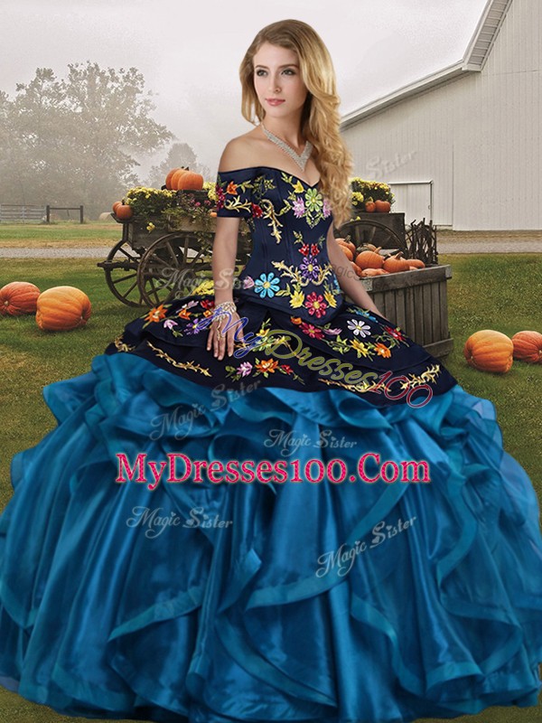 Colorful Blue And Black Sleeveless Organza Lace Up Quinceanera Dresses for Military Ball and Sweet 16 and Quinceanera