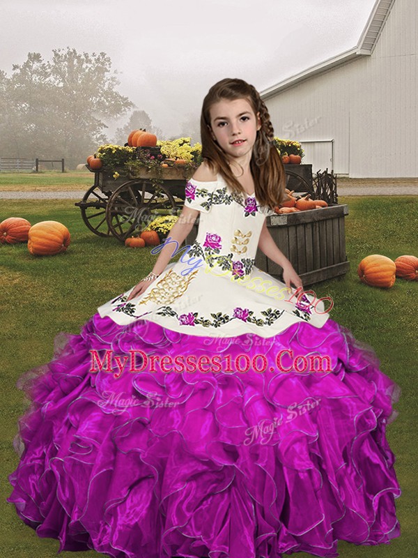 Fuchsia V-neck Neckline Embroidery and Ruffles Kids Pageant Dress Sleeveless Lace Up