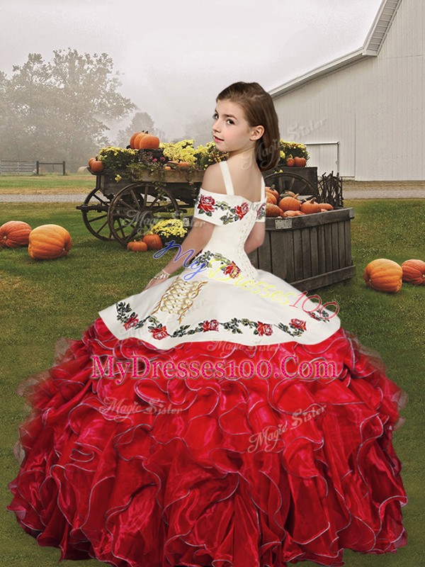Fuchsia V-neck Neckline Embroidery and Ruffles Kids Pageant Dress Sleeveless Lace Up