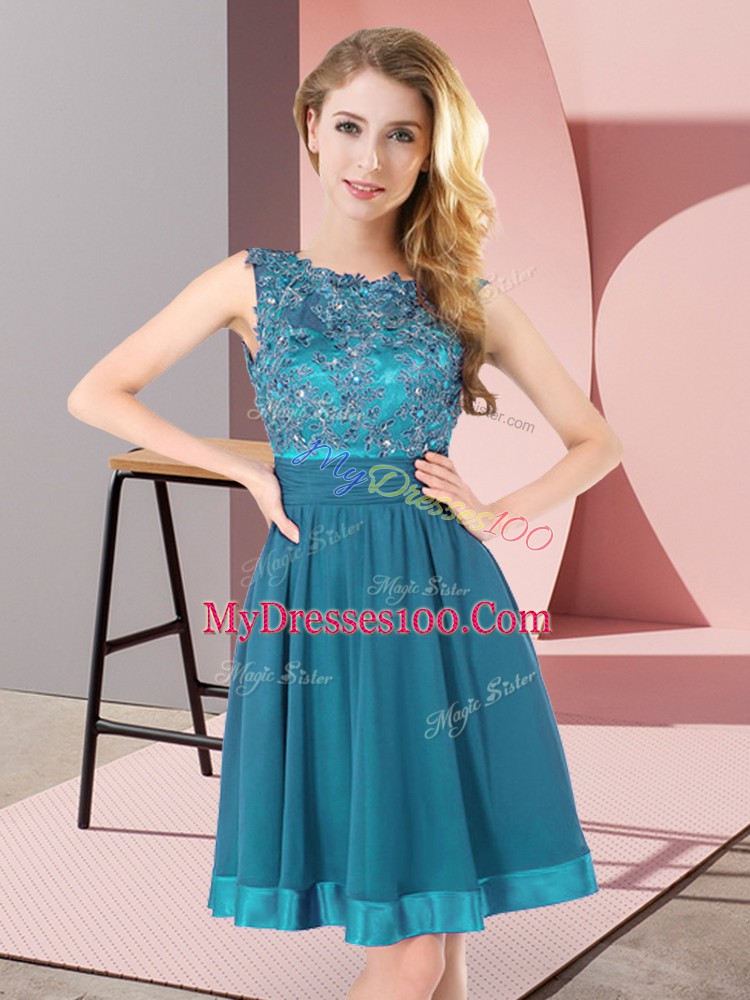 Glittering Mini Length Backless Bridesmaids Dress Teal for Wedding Party with Beading and Appliques
