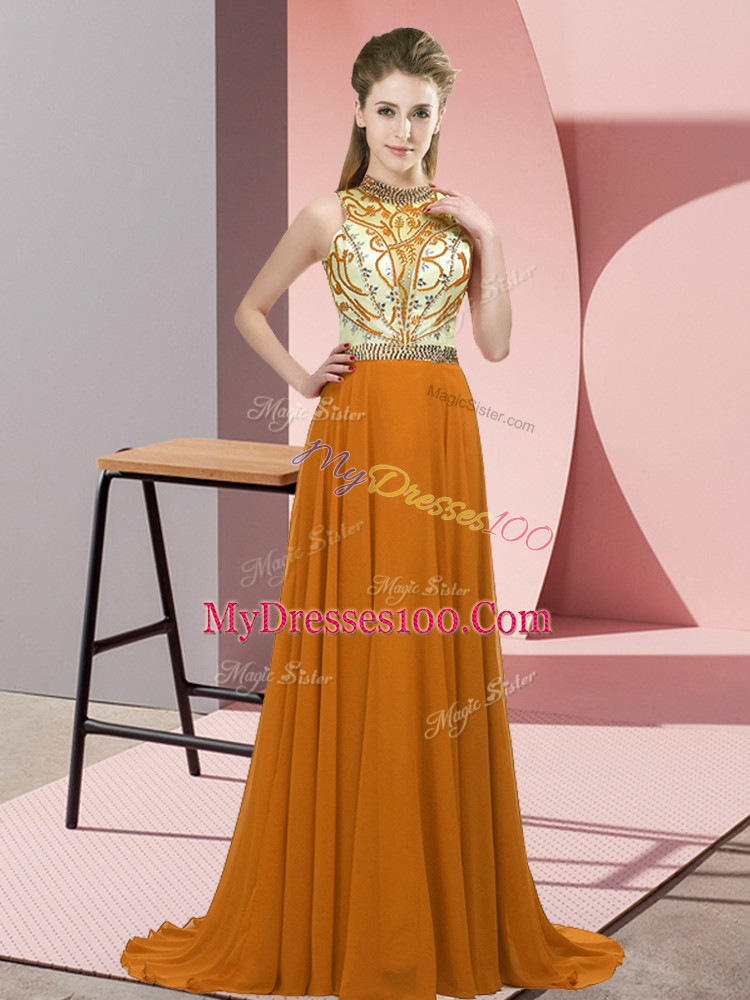 Lovely Empire Sleeveless Brown Dress for Prom Brush Train Backless