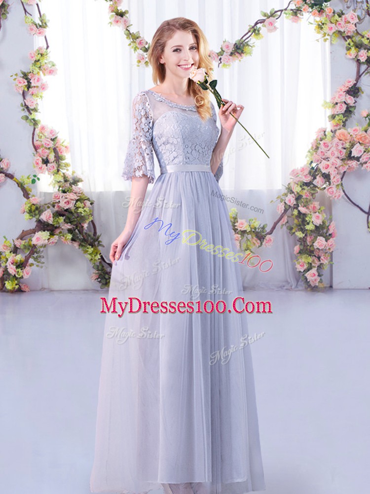 Grey Empire Tulle Scoop Half Sleeves Lace and Belt Floor Length Side Zipper Dama Dress for Quinceanera
