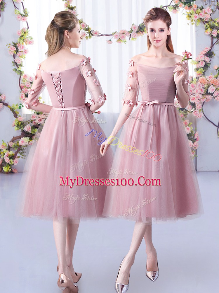 Super Pink Half Sleeves Tulle Lace Up Quinceanera Dama Dress for Wedding Party
