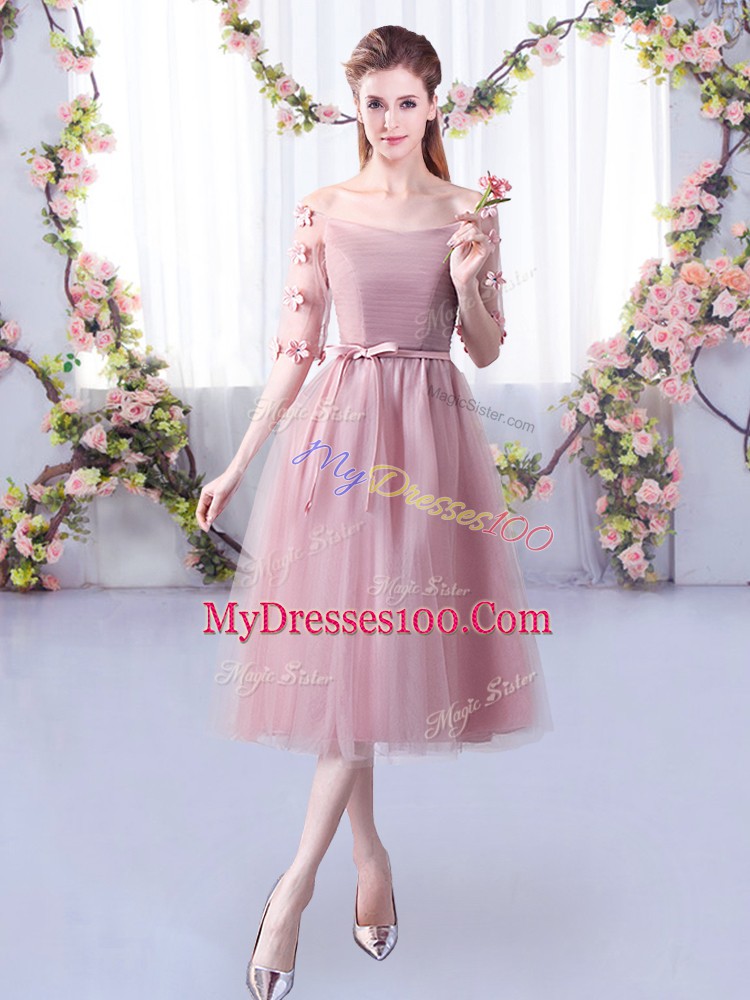 Super Pink Half Sleeves Tulle Lace Up Quinceanera Dama Dress for Wedding Party