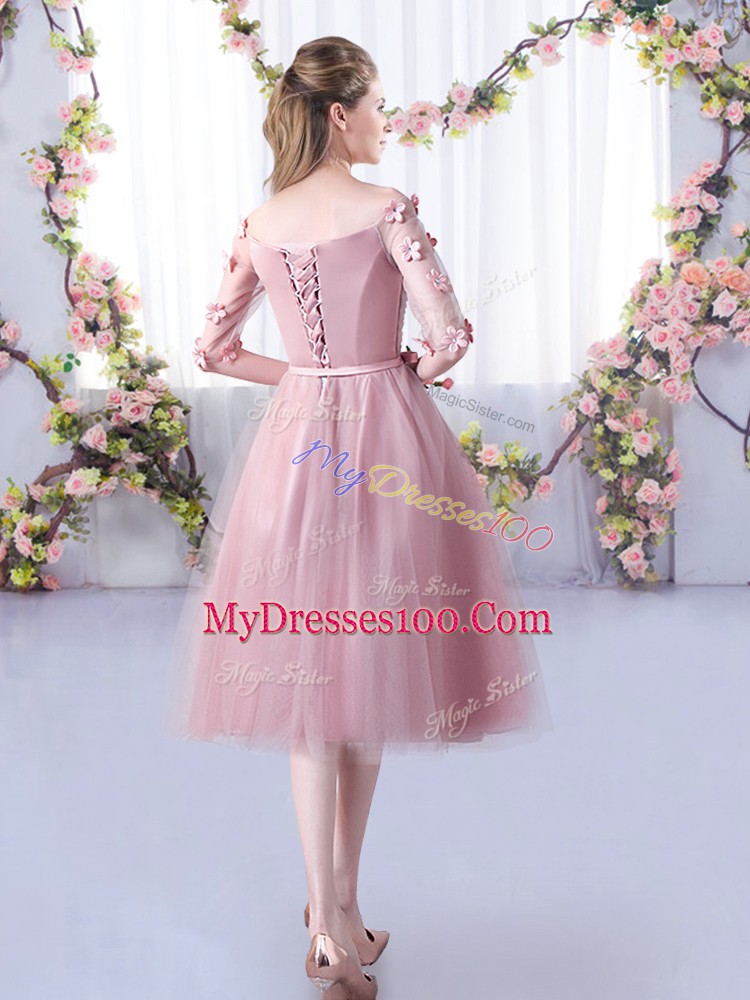 Super Pink Half Sleeves Tulle Lace Up Quinceanera Dama Dress for Wedding Party